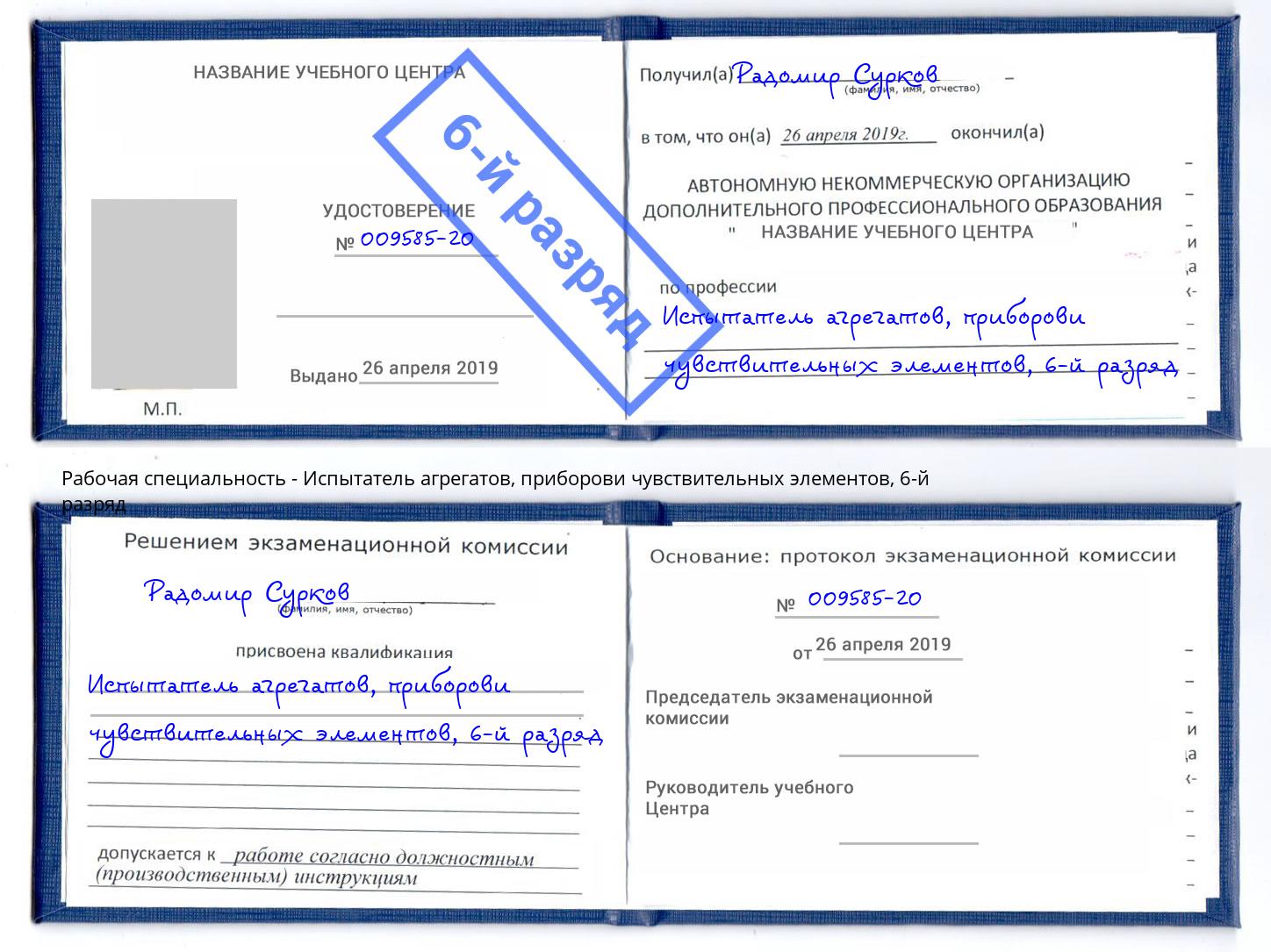 корочка 6-й разряд Испытатель агрегатов, приборови чувствительных элементов Чебаркуль