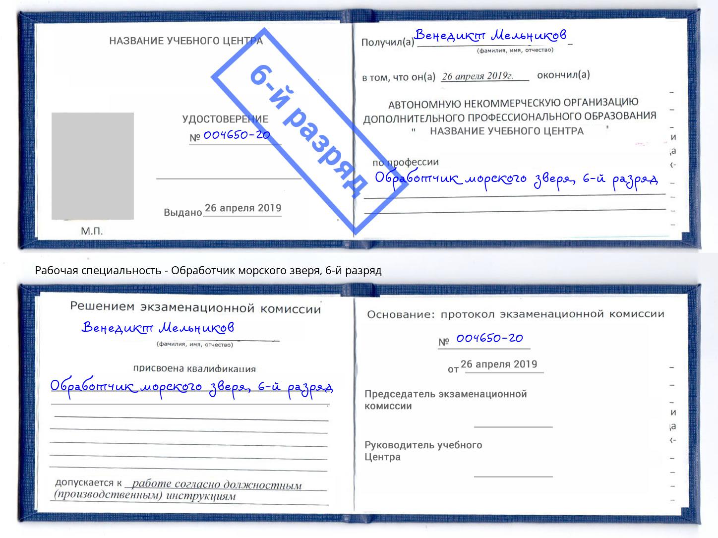 корочка 6-й разряд Обработчик морского зверя Чебаркуль