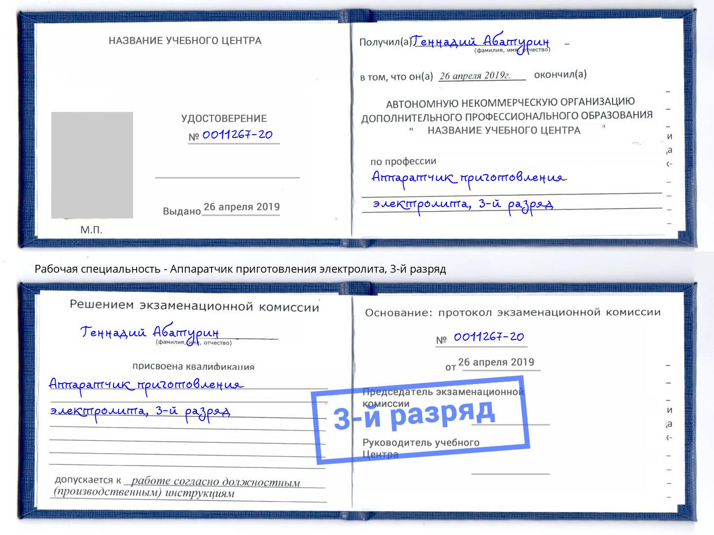 корочка 3-й разряд Аппаратчик приготовления электролита Чебаркуль