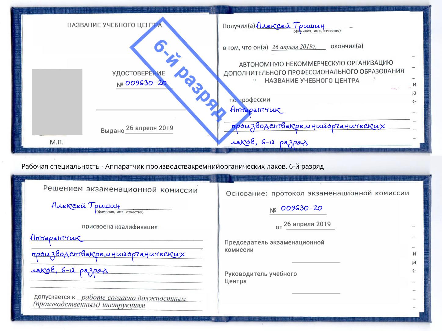 корочка 6-й разряд Аппаратчик производствакремнийорганических лаков Чебаркуль