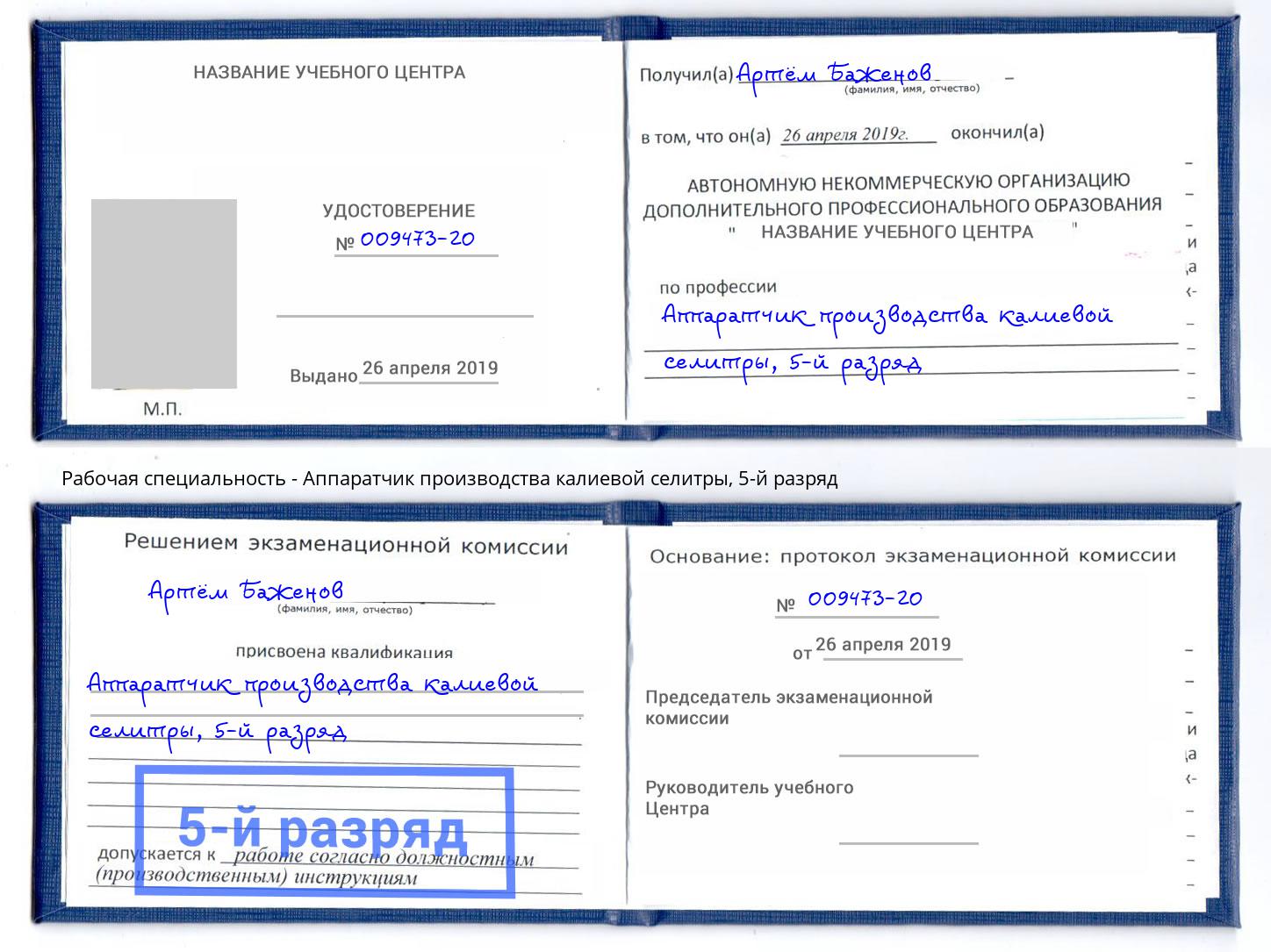 корочка 5-й разряд Аппаратчик производства калиевой селитры Чебаркуль