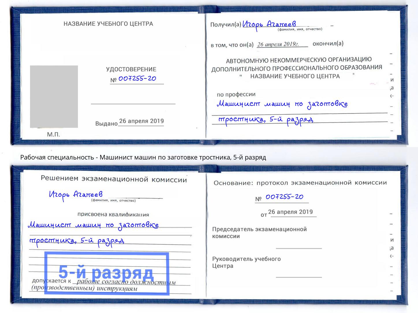 корочка 5-й разряд Машинист машин по заготовке тростника Чебаркуль