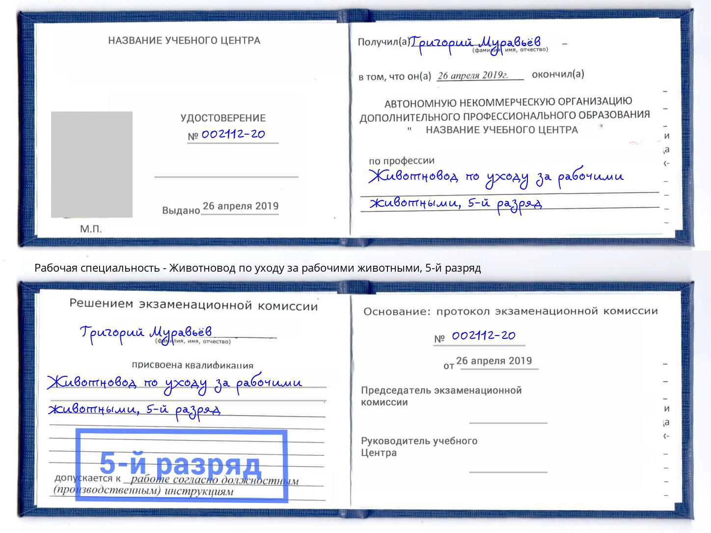 корочка 5-й разряд Животновод по уходу за рабочими животными Чебаркуль