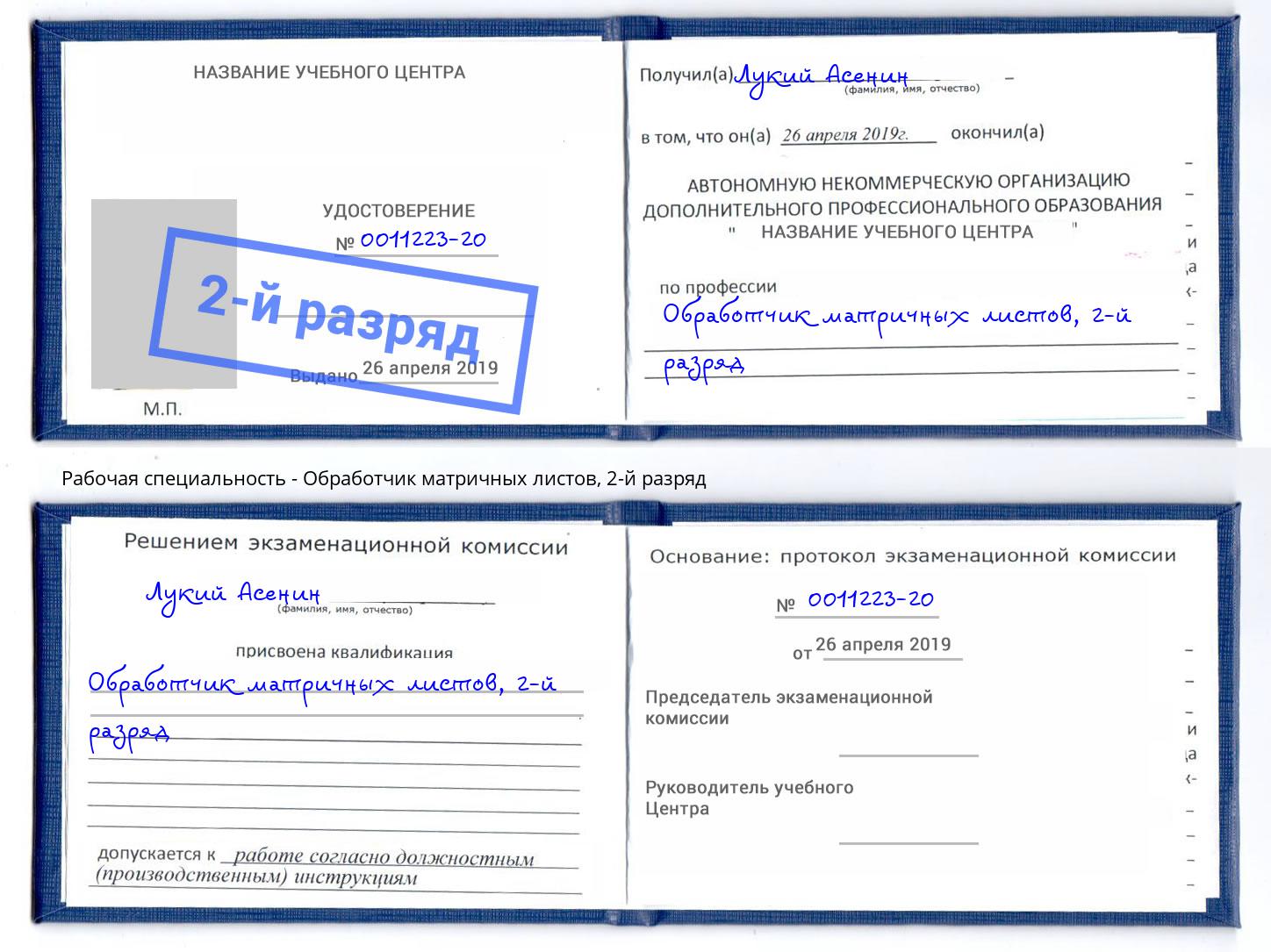корочка 2-й разряд Обработчик матричных листов Чебаркуль