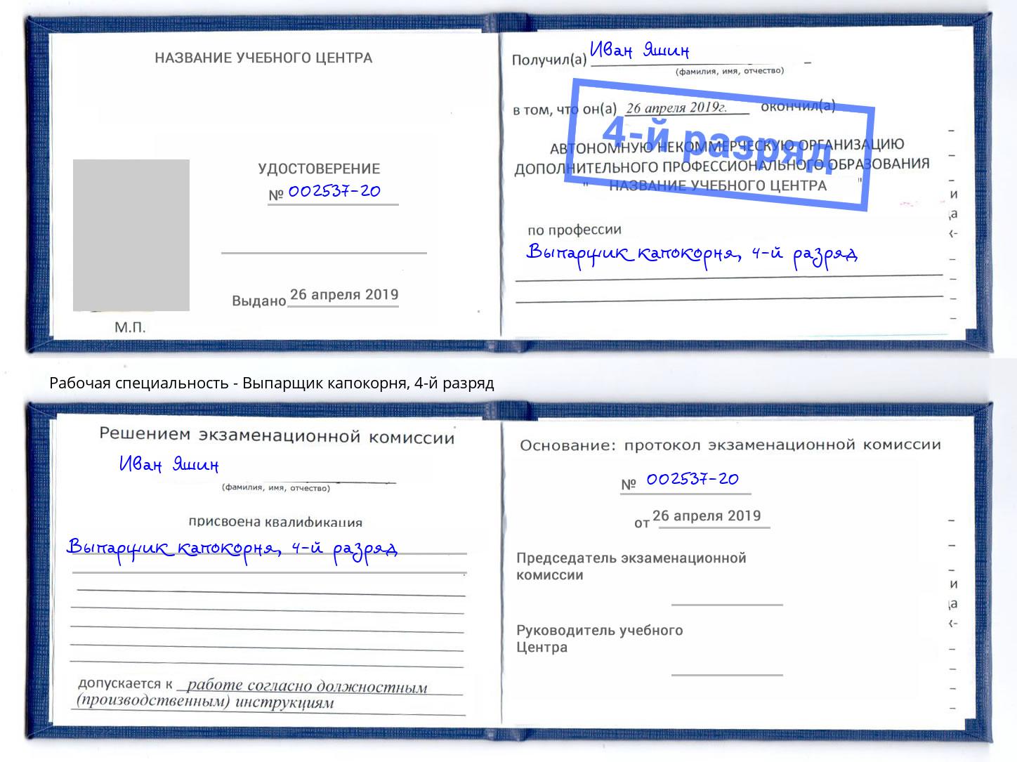 корочка 4-й разряд Выпарщик капокорня Чебаркуль